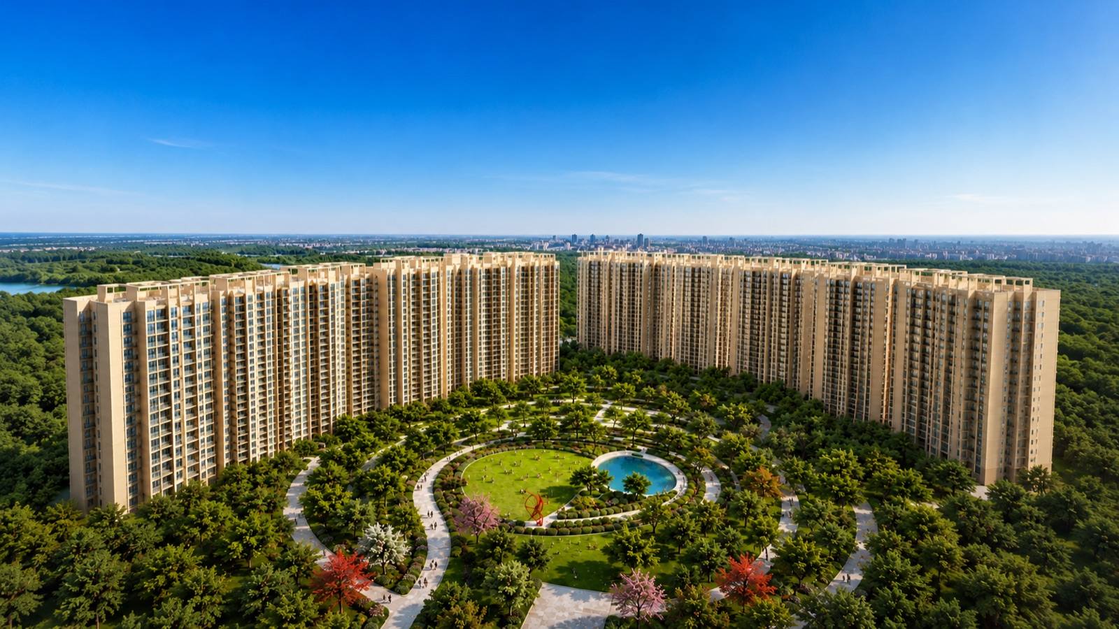 Nikoo Homes 9 aerial view of the towers around the central garden at Bagalur