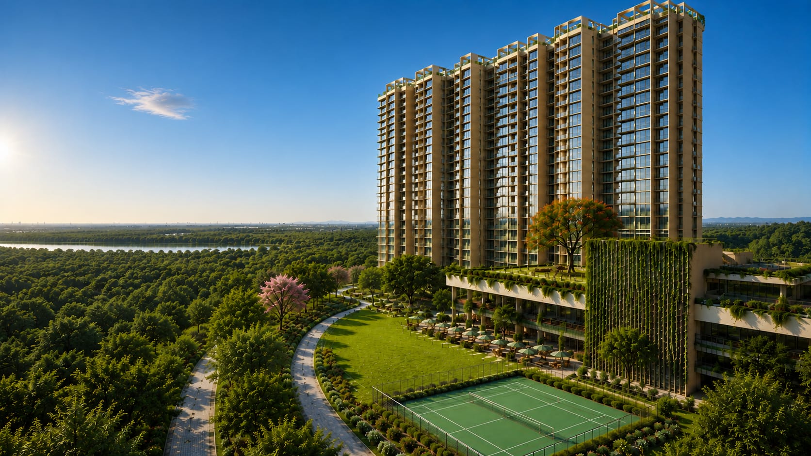 Nikoo Homes 9 towers above the tennis court and gardens at Bagalur (artist's impression)