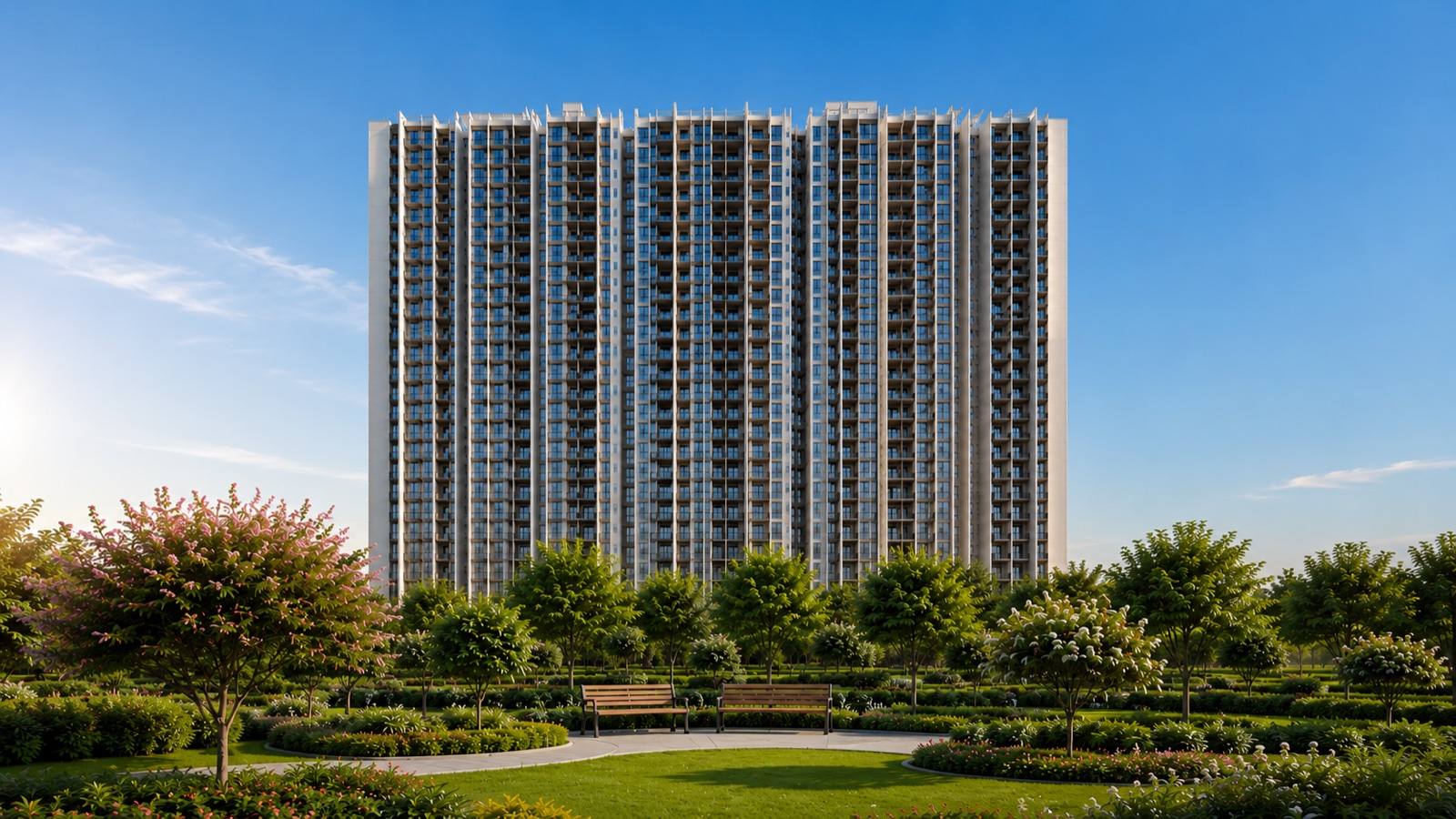 Landscaped park in front of the Nikoo Homes 9 towers